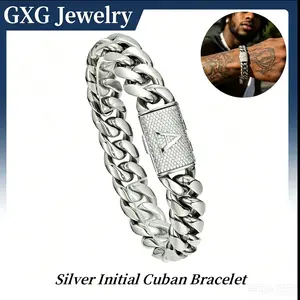 Silver Stainless Steel Cuban Link	 Bracelet for Men, 14mm Heavy Chain with A-Z Initial Letter Clasp, Gothic Punk Hip Hop Style, Personalized Modern Gift for Him summerwins permanent jewelry money attraction stylish friendship trinkets