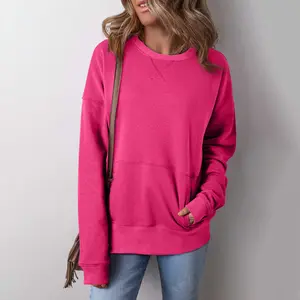 Rose Red Drop Shoulder Crisscross Stitching Pocketed Loose Sweatshirt - Casual Long Sleeve Pullover for Womenswear