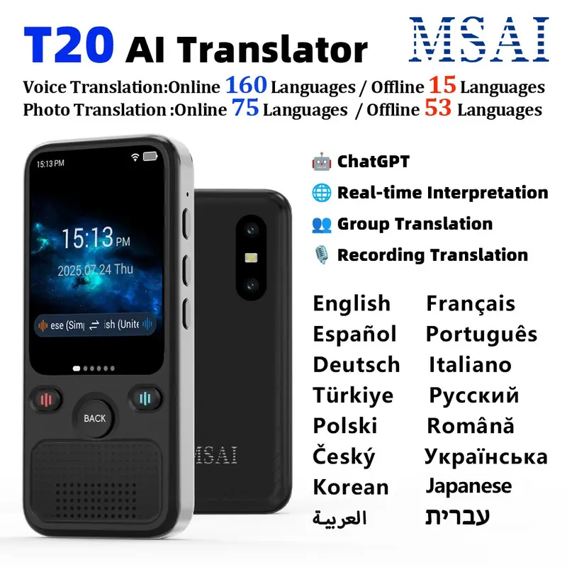 20 Ai Translator Device with Offline Translation and 160 Online Languages, Chatgpt Smart Conversations, Voice and Photo Translation for Travel and Business