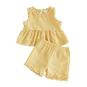 Toddler Kids Baby Girl Gingham Outfit Plaid Ruffled Trim Sleeveless Peplum Tank Tops and Shorts Summer Clothes Cute 2Pcs Set