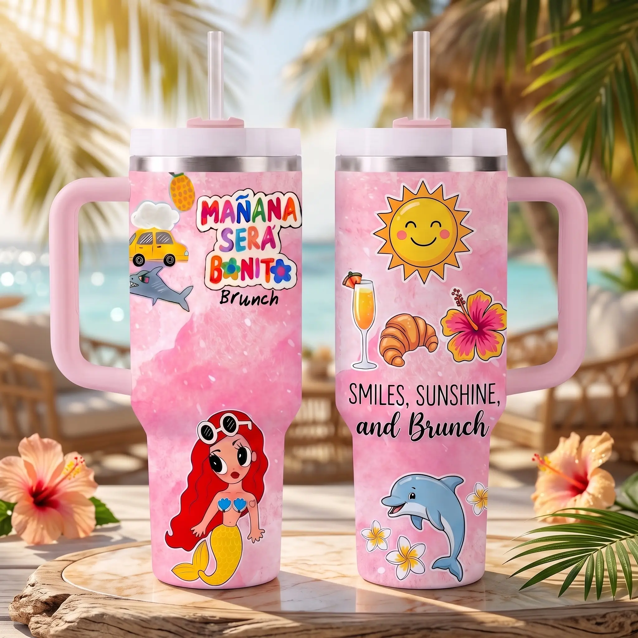 Latina Aesthetic Tumbler, Pink Watercolor Tumbler 40/30/20oz, Cute Spanish Quote Y2K Aesthetic Summer Travel Cup - Large Insulated Mug with Handle & Straw - Insulated Stainless Steel Tumbler - Gift For Her
