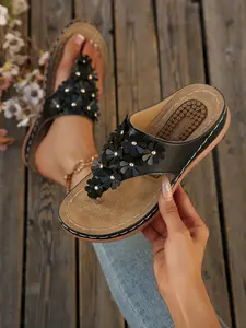 Summer Casual Women's Boho Style Wedge Heel Thick Sole Sandals, Low Wedges Platform, Multi-Color Leather Floral Decor, Cloud Comfort Insole, Ultra-Light Anti-Slip Sole