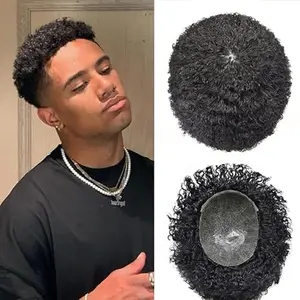 【TIMIA】PU Afro Wig for Black Men, Suitable for Men, Real Brazilian Human Hair, Men's Wig for African American Men, Afro Wave 8mm #1B Deep Black