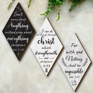 3-Piece Christian Wooden Wall Hanging Art Set - Inspired Bible Scriptures - Double sided Adhesive Decoration, Suitable for Home, Bathroom, Bedroom, Living Room - Religious Wooden Posters (11.9x6.7 inches)