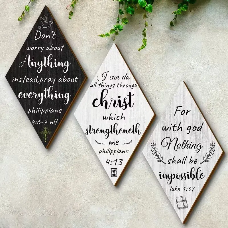 3-Piece Christian Wooden Wall Hanging Art Set - Bible Scriptures - Double sided Adhesive Decoration, Home Decor Products, Decorative Artwork, Decoration Items, Suitable for Home, Living Room - Religious Wooden Posters (11.9x6.7 inches)