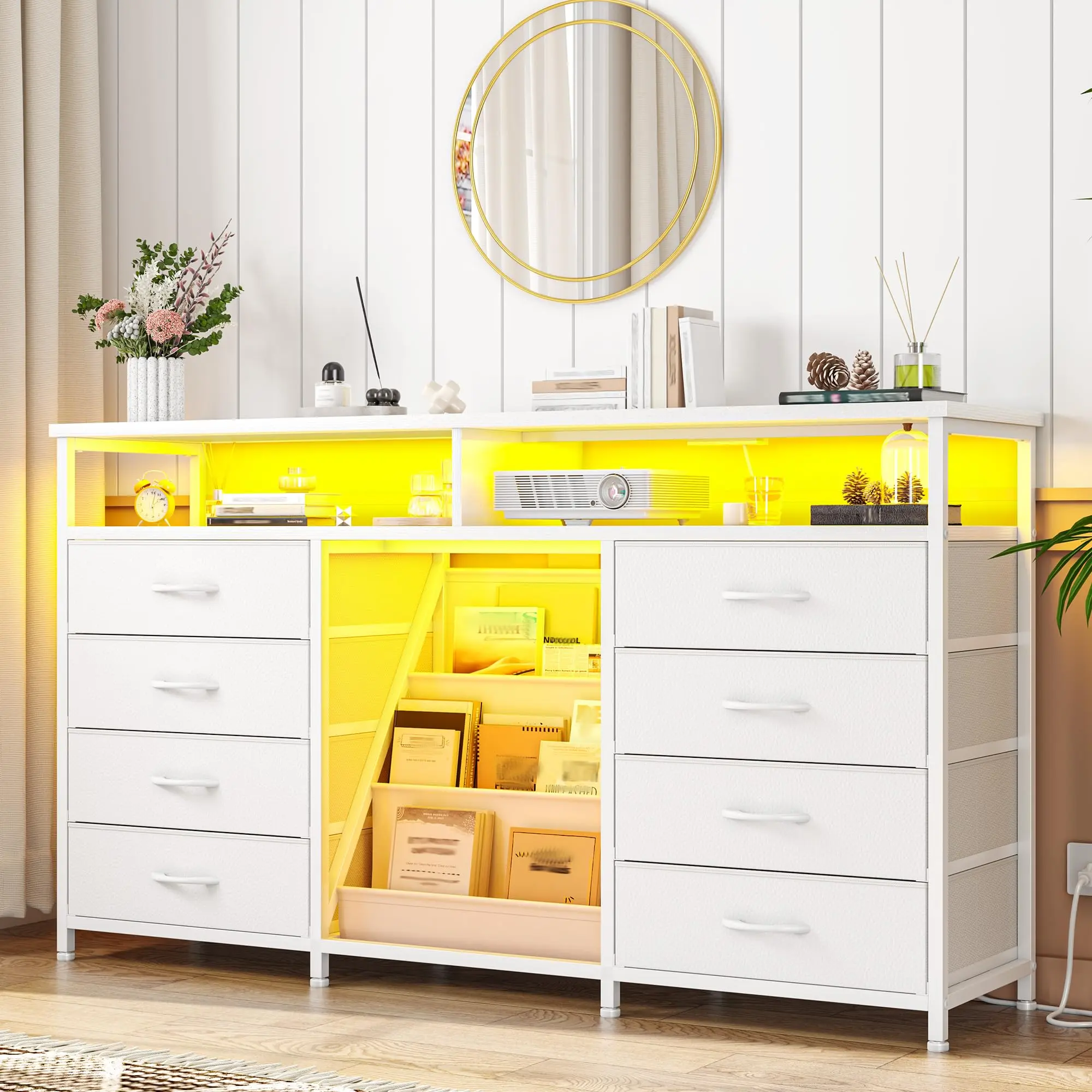 Raybee 55” TV Stand Dresser with Bookrack & 8 Fabric Drawers, Modern Chest of Drawers with Power Outlet & LED Lights for 65 Inch TV, Ideal for Bedroom, Closet, Entryway