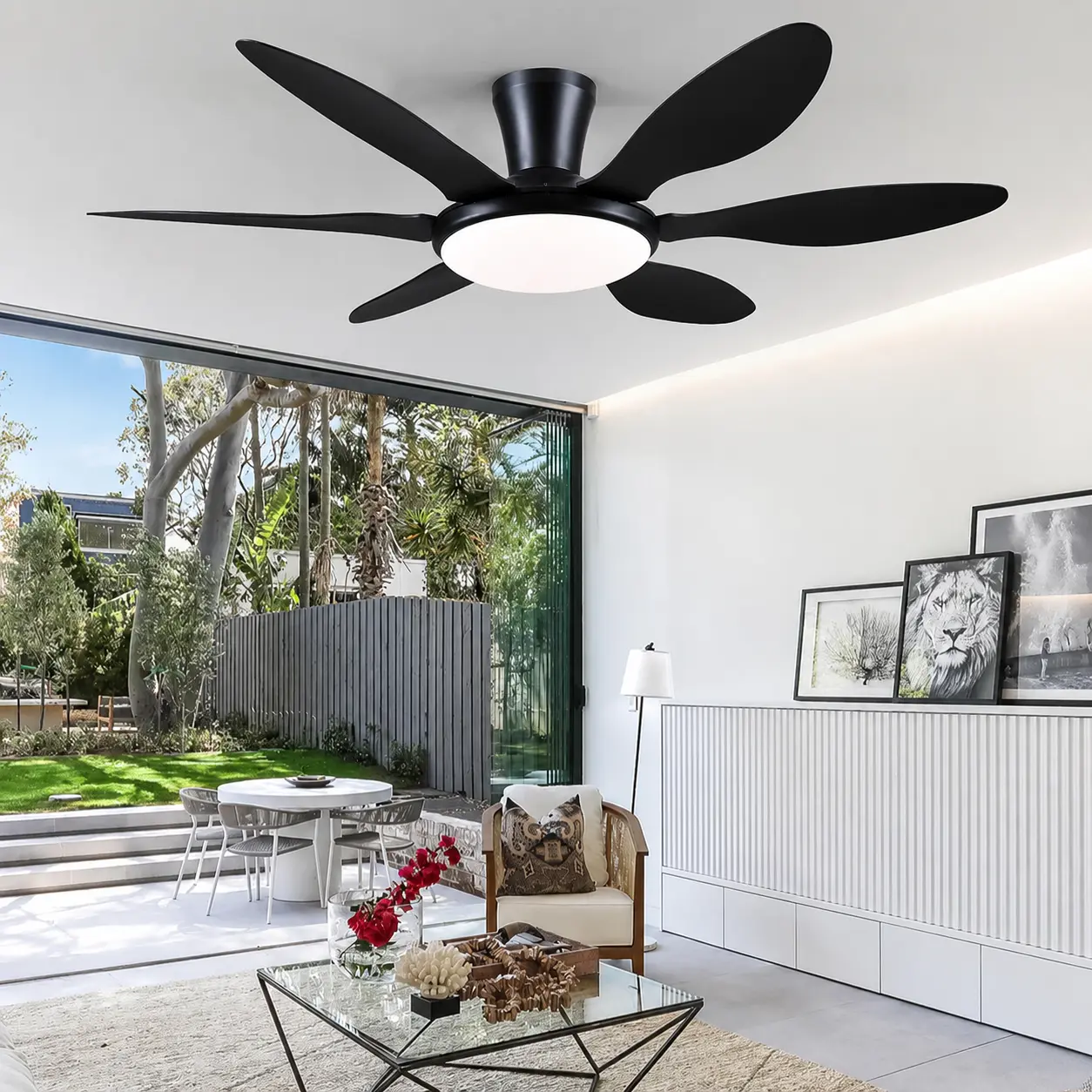 51-Inch Modern Black Low Profile Flush Mount Ceiling Fan with Light, App+Remote Control, Quiet Reversible DC Motor, Dimmable LED Curved Blades, Compact Yet Powerful, Speed & Light Adjustable for Bedroom, Living Room, Ceiling Fan With Light And Remote, Flu
