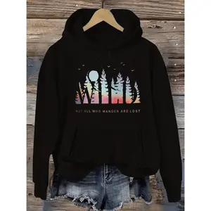 Cozy Polyester Casual Hoodie - Women's Fashion Letter Print with Kangaroo Pocket, Machine Washable, Perfect for Spring/Fall Hoodie