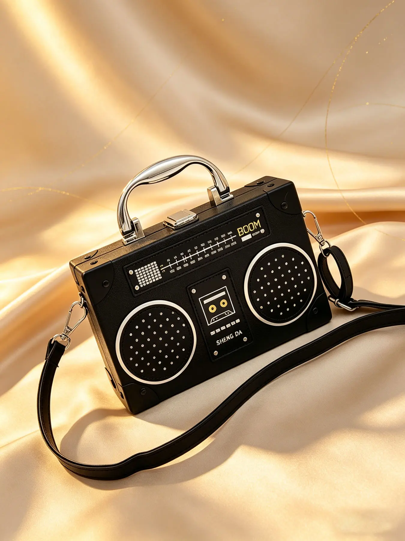 Retro Boombox Novelty Handbag, 3D Radio Shaped Crossbody Purse with Detachable Strap, Structured Box Shoulder Bag, Eye-Catching Statement Piece for Street Style & Events