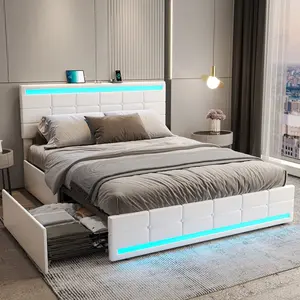 Sikaic Modern Design PU Leather Upholstered Bed Frame with 4 Storage Drawers Bedroom Bedframe Furniture Bedroom White
