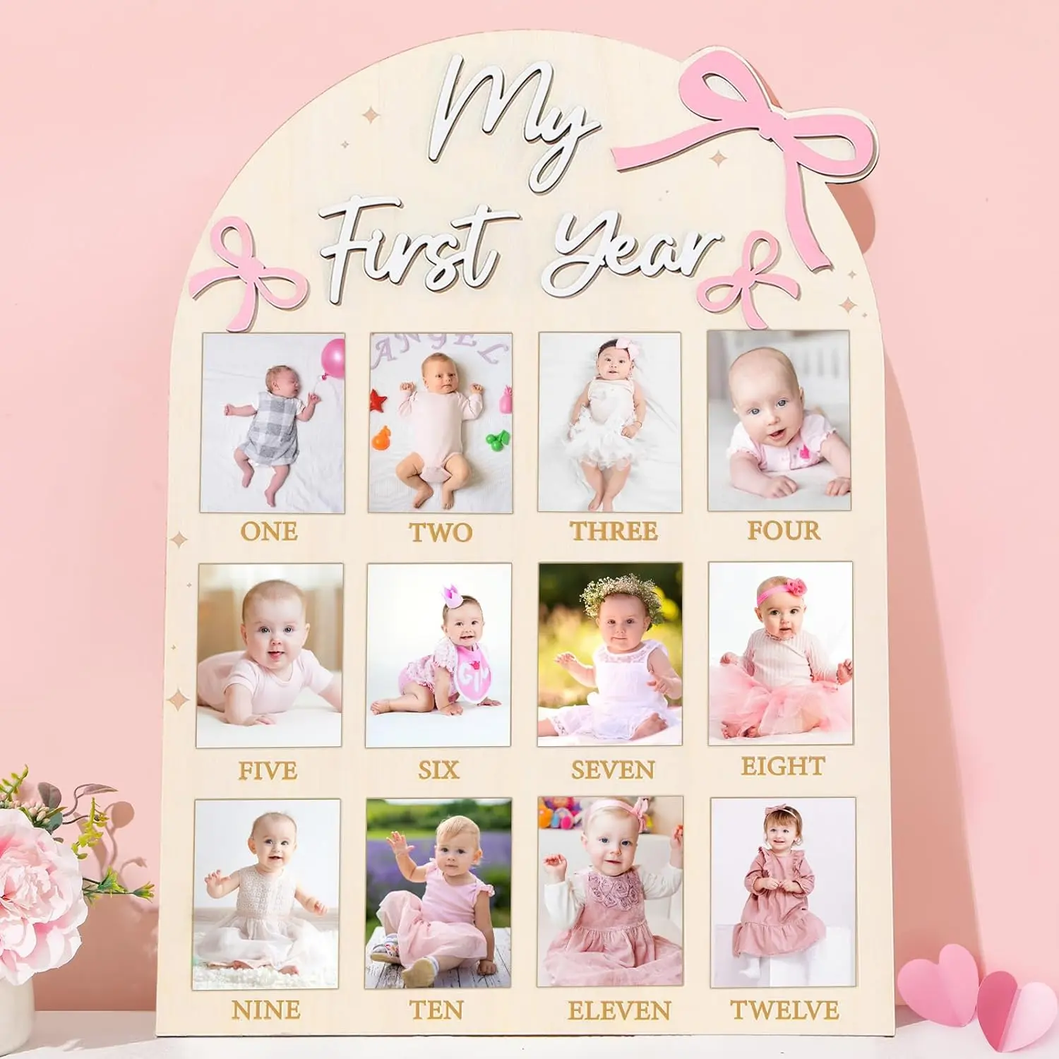Wooden 12-Month Growth Milestone Photo Board with Pink Bow No.1 - 2x2.8in Photo Frame Banner, Baby Girl Happy Birthday Wall Decor, Baby Shower Souvenir Gift (Festive Home Supplies Accessory)