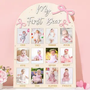 First Anniversary Photo Board Sweet Bow Birthday Party Decorations Wooden Board 12-Month Growth Milestone Photo Frame One-Year-Old Baby Birthday Banner Baby Girl Souvenir Gift (Suitable for 2x2.8inch Photos)