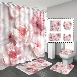 [Popular Choice]1pc/4pcs, bathroom curtains shower, bathroom set, shower curtains, bathroom rug, home decoration, bathroom mat, pink flower pattern, romantic theme decoration, bathroom set, and 12 hooks are given away.