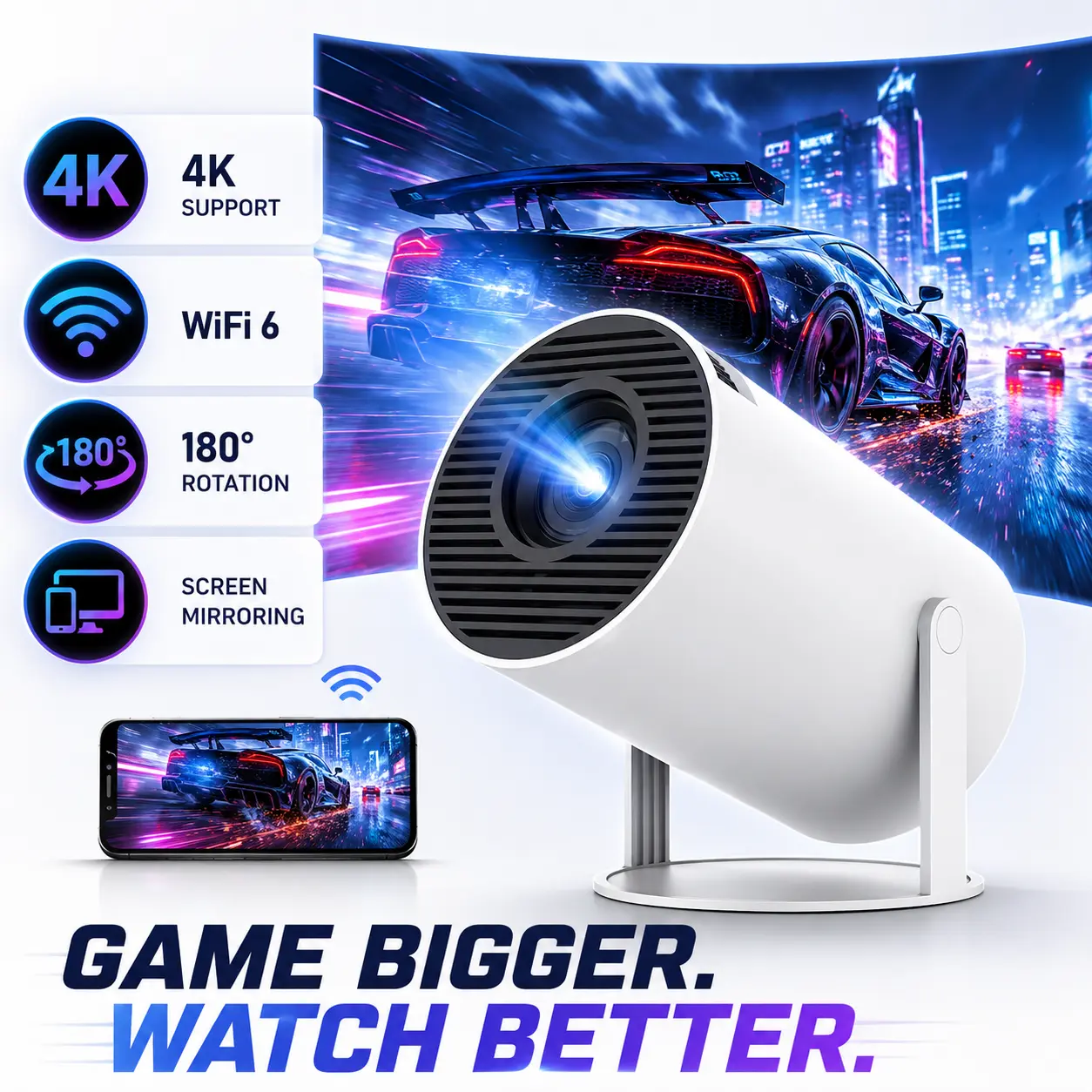 HY300Pro+ Portable Mini Projector, 4K Decoding Smart Projector with WiFi 6, 5GHz WiFi & Bluetooth 5.0, 720P HD Native Resolution, 290 ANSI Lumens, Compact Outdoor Movie Projector for Home Theater, Bedroom, Gaming