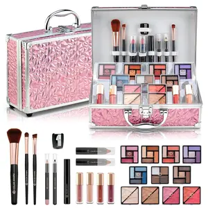 Color Starter Makeup Kit for Tweens Girls, Train Case for Women Full Kit with Eye Shadow, Lipstick, Blush, Brushes, Lipgloss, Mascara, Brow Wax and Mirror Pink Full Starter Cosmetics Set