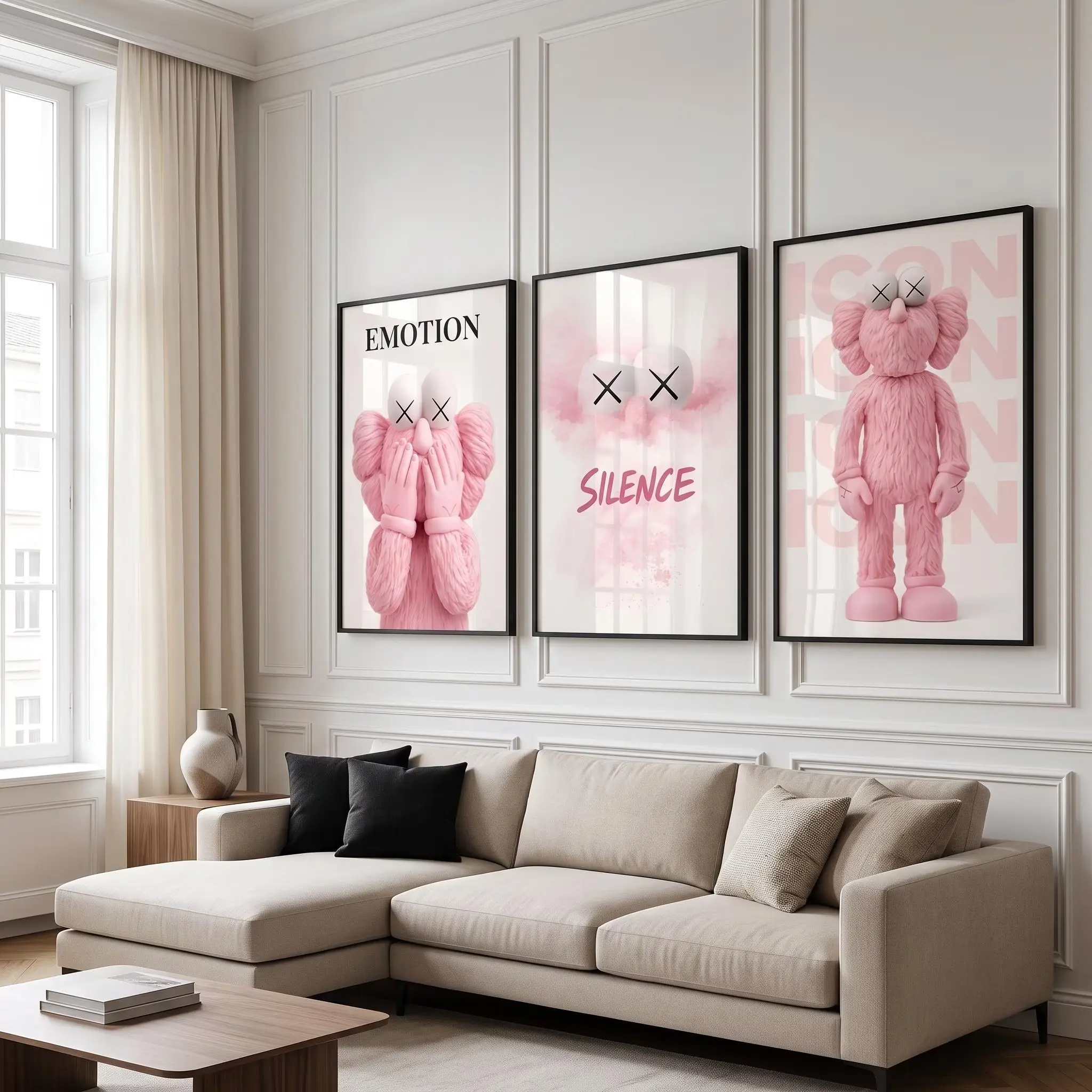 3-Piece KAWS Pink Hypebeast Wall Art Set, Minimalist Figure Poster, Modern Aesthetic for Bedroom Home Decor