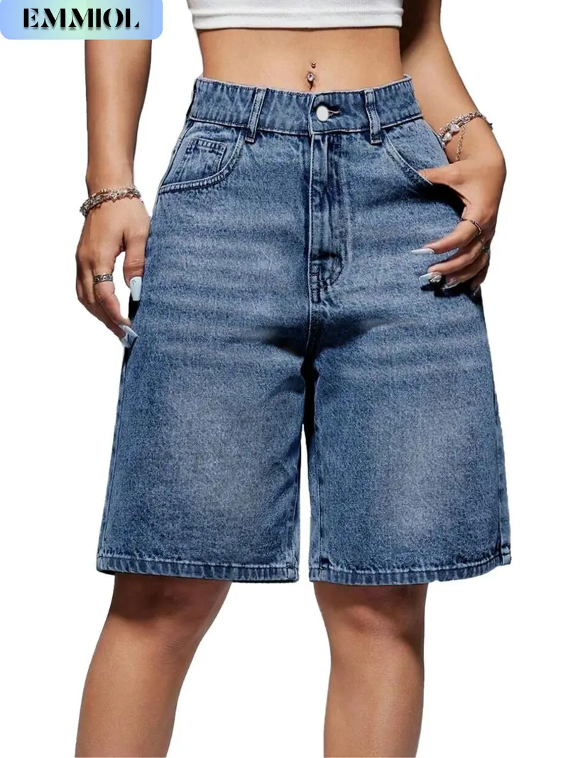 EMMIOL Women's Jorts Mid-Low Waisted Baggy Jeans Jorts Summer Casual Denim Loose-Fitting with Basic 5 Pockets - Blue Street Womenswear