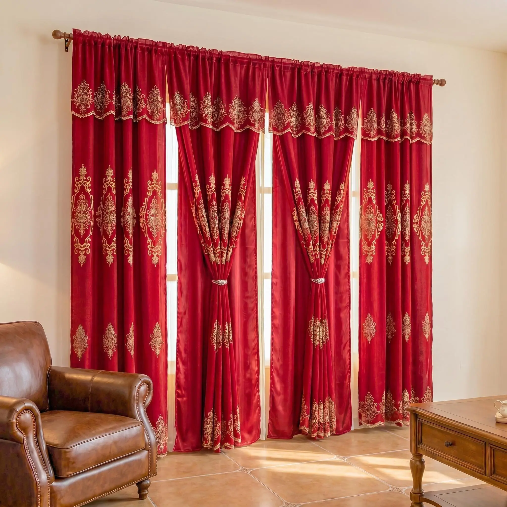 Ready-Made 4-Panel Luxury Layered Damask Embroidered Window Curtains - 52x84in Satin-Like Snow Voile Valance for Elegant Home Decor QF01 Home Decorative Curtain, Embroidered Curtain