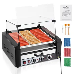 GARVEE Hot Dog Roller with 11 Rollers and 30 Hot Dogs Capacity - 1950W Stainless Steel Sausage Grill Cooker Machine, Features Removable Oil Drip Tray, Dual Temperature Control, and Glass Hood Cover - Ideal for Commercial Use and Parties