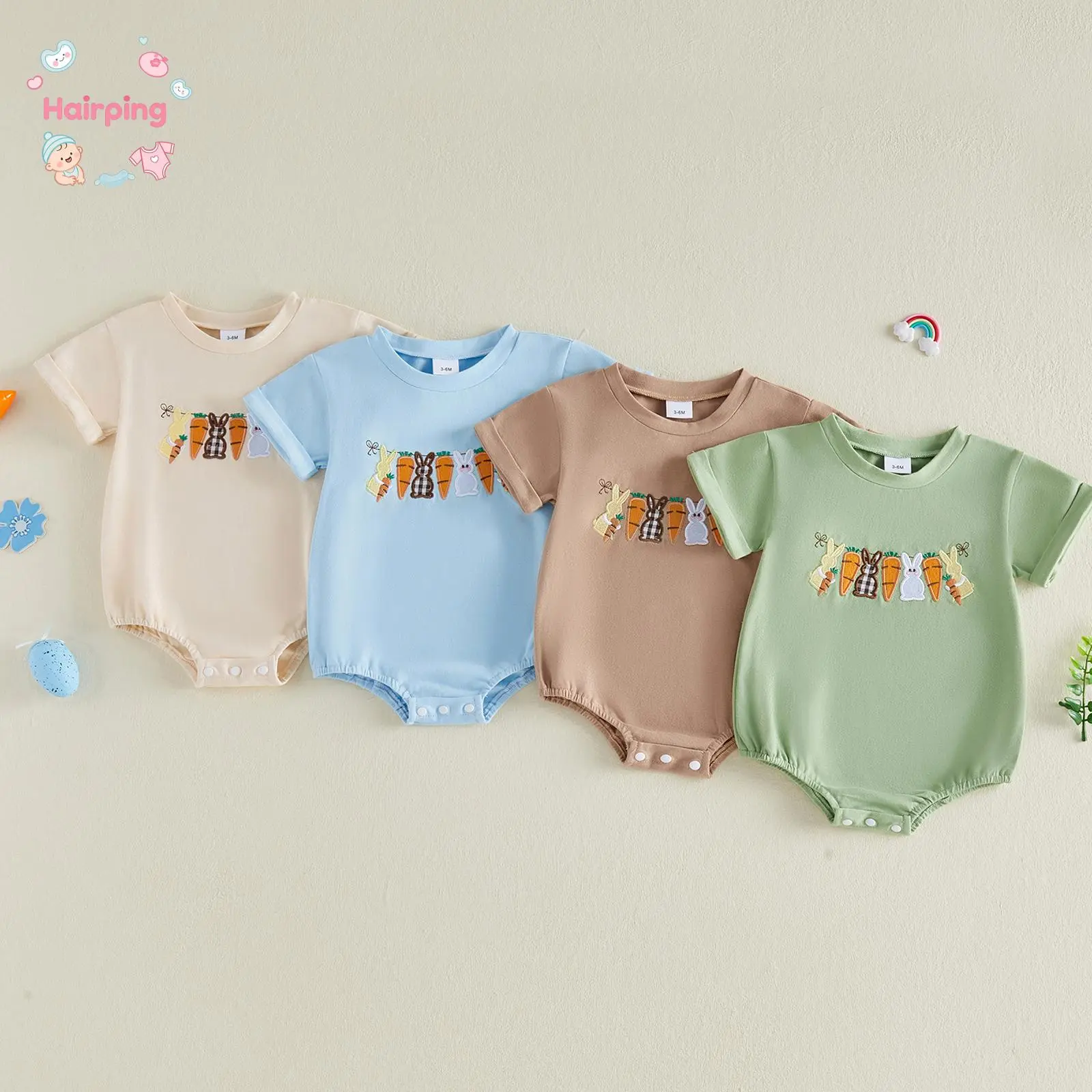 Toddler Short Sleeve Crew Neck Romper - Elastane Lightweight Breathable Fabric, Cute Easter Embroidery, Casual Outfit for 0-3 Months/12-18 Months Playdates & Easter Party, Affordable, Unisex Names