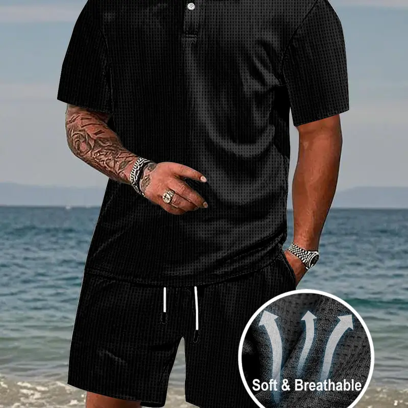 Royaura Summer Clearance Men's 2-Piece Athletic Casual Suit - Short Sleeve Top & Shorts, Menswear, Gym Clothes, Buttons, Lifestyle Apparel for Outdoor Activities, Travel/Camping Essentials, Valentine's Day Gift