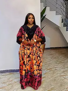 Popular African Kafotan orange red gradient sequin women's robe dress with contrasting totem print, loose oversized heavy industry sequin splicing, V-neck+cuffs suitable for parties, weddings, festivals, daily leisure and comfort
