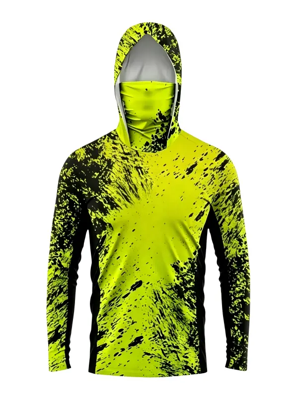 Men's UV Protection Fishing Hoodie with Face Mask, Long Sleeve Quick Dry Sun Shirt Neon Splash Print, Breathable Lightweight Hooded Sun Shirt for Fishing Hiking Boating Outdoor beach top casual new performance rash guard