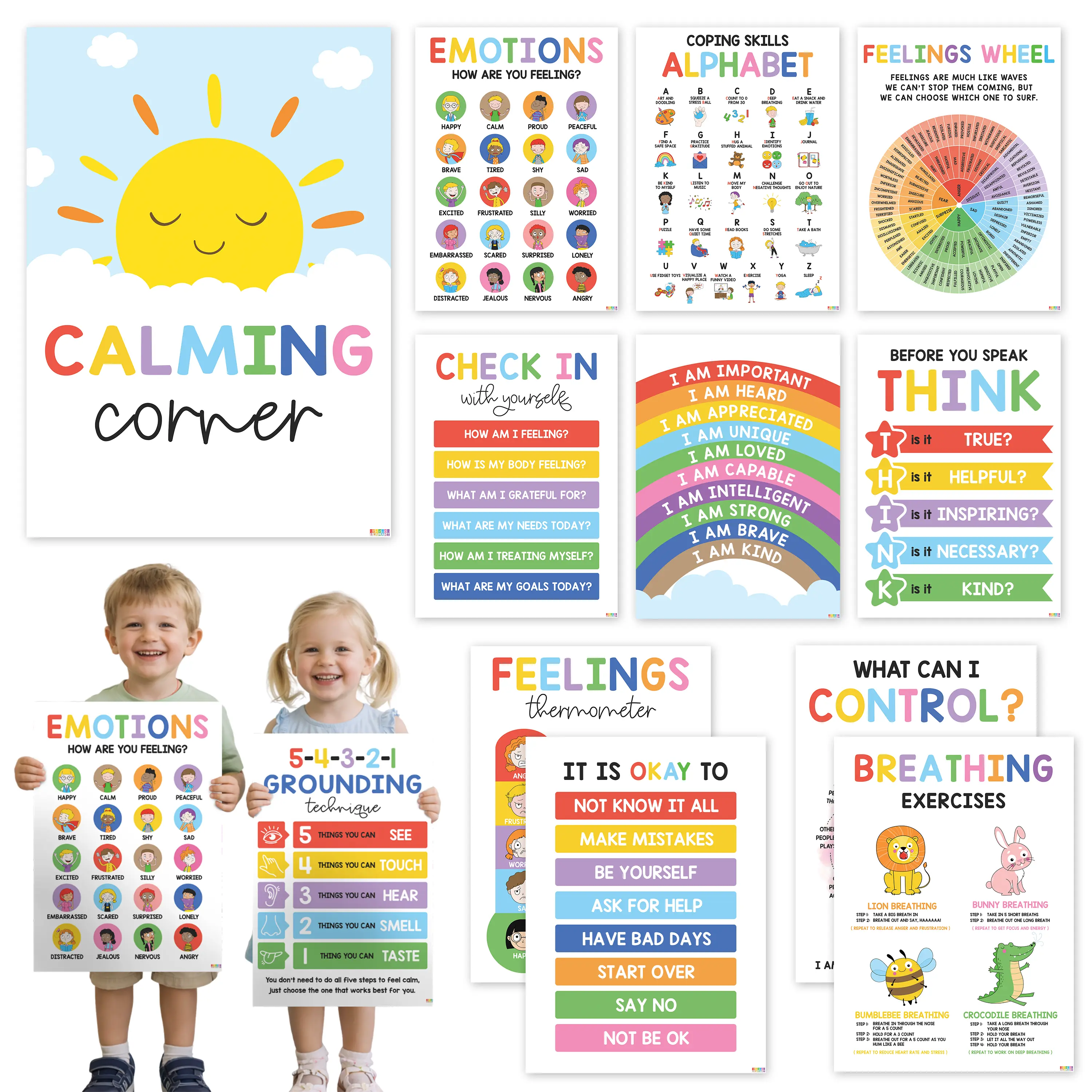 BEAWART 12 Calming Corner Posters For Kids (10x14), Feelings Wheel ...
