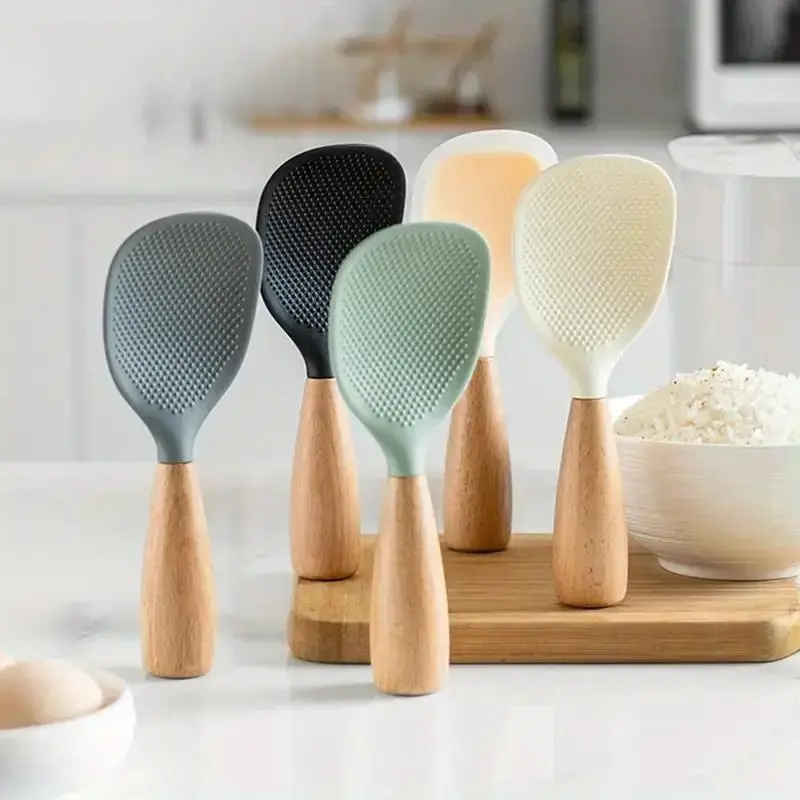 Silicone Spoon with Wooden Handle, 1 Count Heat-insulation Heat-resistant Spoon for Rice Cooker, Practical Kitchen Tool for Home Restaurant, Kitchen Cooking Accessories