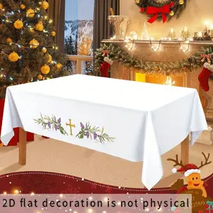 [2D Flat] 1pc White Rectangular Tablecloth - Gold Cross and Vine Pattern, Suitable for Baptism/religious Wedding/Easter, Multifunctional Decoration Christmas/Halloween, Church Ceremony/dining Table Cloth, Home Ornaments