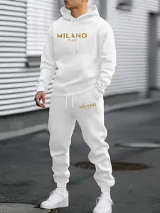 Men's Casual Hooded Sweatshirt Set with Drawstring Pants, Hoodie Sweatpants Set, Letter Print Design, Spring & Fall Wear, Outdoor Sports, Daily Leisure