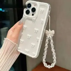 Bowknot Pattern Phone Case with Beaded Lanyard, 1 Count Transparent Anti-fall Decorative Phone Protector Cover, Phone Accessories Compatible with iPhone 11 12 13 14 15 Pro Max