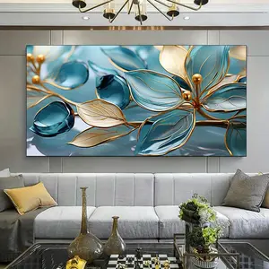 1pc Extra Large 2D Flat Modern Floral Wall Art Print - Teal Blue & Golden Botanical Design, Artistic Detailed Decoration, Contemporary Wall Decor for Living Room, Bedroom Home Interior Statement Piece