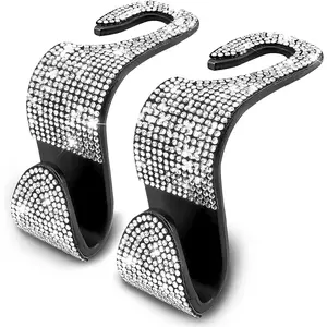2PCS Car Seat Hooks, Bling Rhinestone Headrest Hooks, Universal Bling Car Interior Accessories, for Handbag, Clothes, Purse, Water Bottle (White)