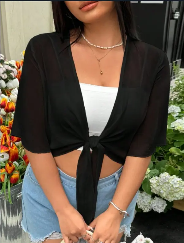 YF Women Plus Size 0XL-4XL Solid White Chiffon Tie Front Cropped Cardigan Half Flare Sleeve Open Front Sheer Short Cover Up Casual Summer Layering Top