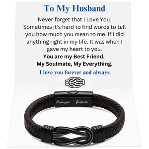 Saluvu Braided Leather Bracelet For Men, Forever Linked Together Stainless Braided Leather Knot Cuff Bracelet, Birthday Gift for Son/Grandson/Husband