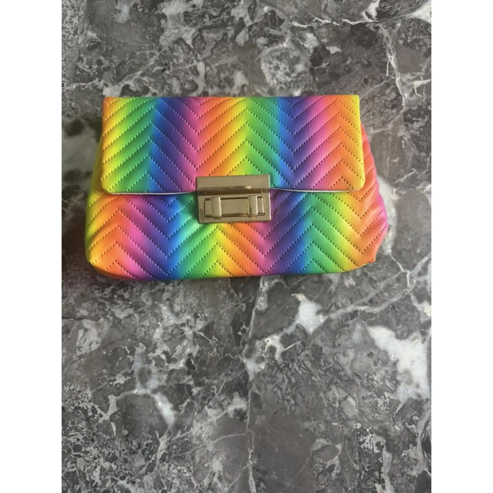 Rainbow Chevron Pattern Wallet with Gold Tone Buckle - Vibrant Colors & Quilted Design for Everyday Use