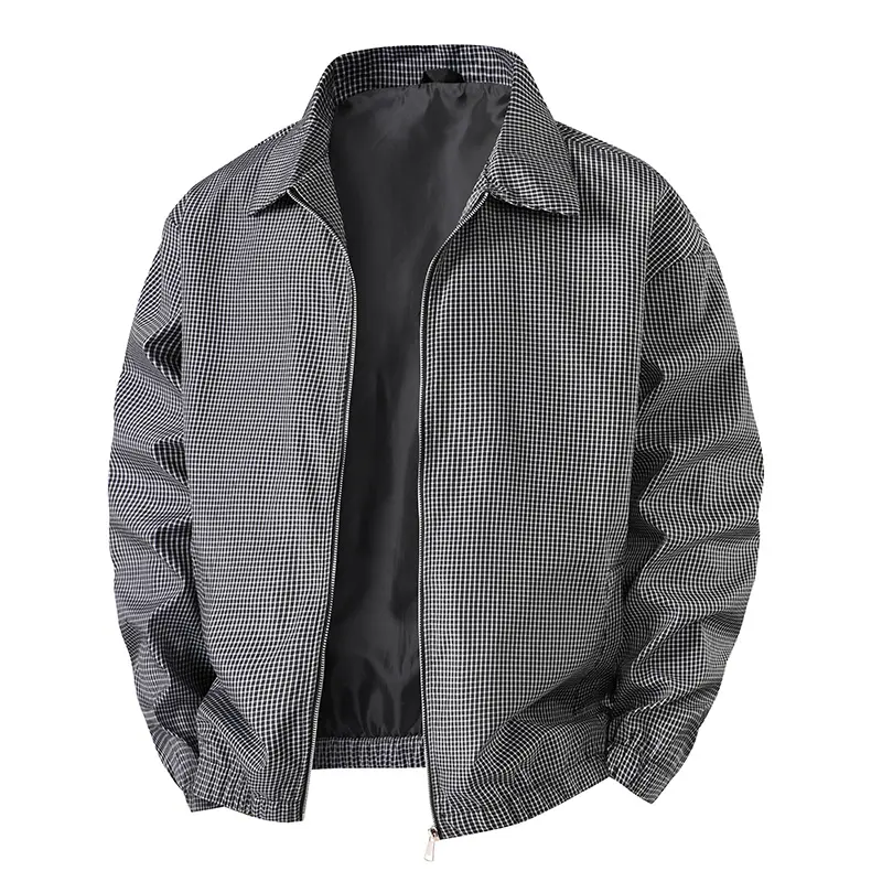 Men's Black‑and‑White Gingham Check Harrington Jacket with Lapel Collar and Zipper Closure, Lightweight Casual Outerwear