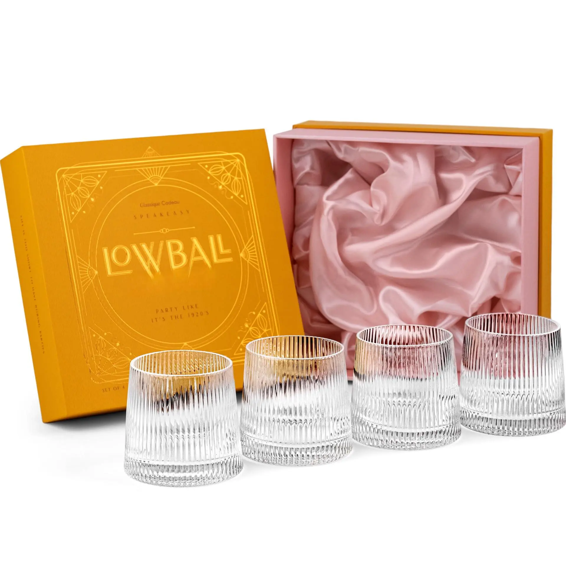 Vintage Art Deco Speakeasy Lowball Glasses | Set Of 4 9 Oz Crystal Tumblers For Drinking Classic Gin  Rum Bar Drinks Round Short Rocks Glassware