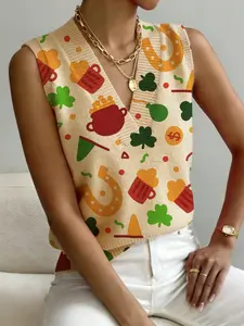 Women's St Patrick's Day Clover Print V Neck Sleeveless Knit Sweater Vest, Casual Breathable Colorblock Top for Spring Summer Fall