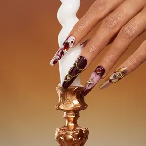 Romantic Coffin Custom Press On Nails, Gold Heart/Rose Charms, Rhinestone Gems, Gold Chrome Designs, Long Lasting, Salon Quality, Reusable