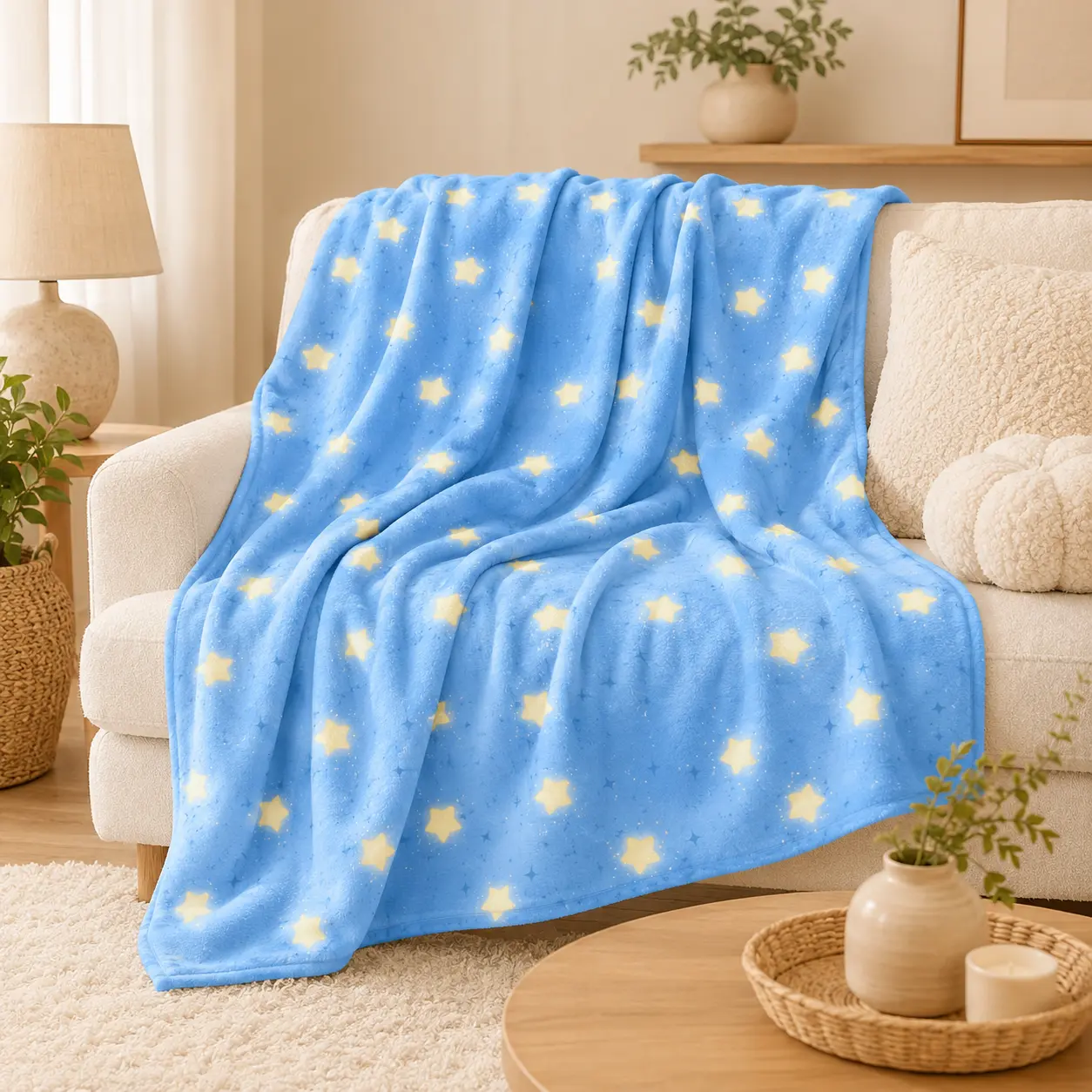 Pastel Blue Yellow Star Glitter Starry Night Flannel Throw Blanket, Lightweight Soft Fuzzy Plush Blanket for Couch Bed Nursery, All Season Cozy, Sweet Gift for Kids Toddlers, Dreamy Celestial Art Toddler Bedroom Playroom Home Decor