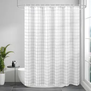 Black and White Long Shower, Geometric Check with, Duty, Weighted Hem, 72 Width x 75 Inch