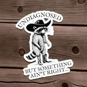Undiagnosed But Something Ain't Right Sticker, Funny Raccoon Cowboy Sticker, Meme Vinyl Decal, Humorous Mental Health Joke Laptop Water Bottle Decal