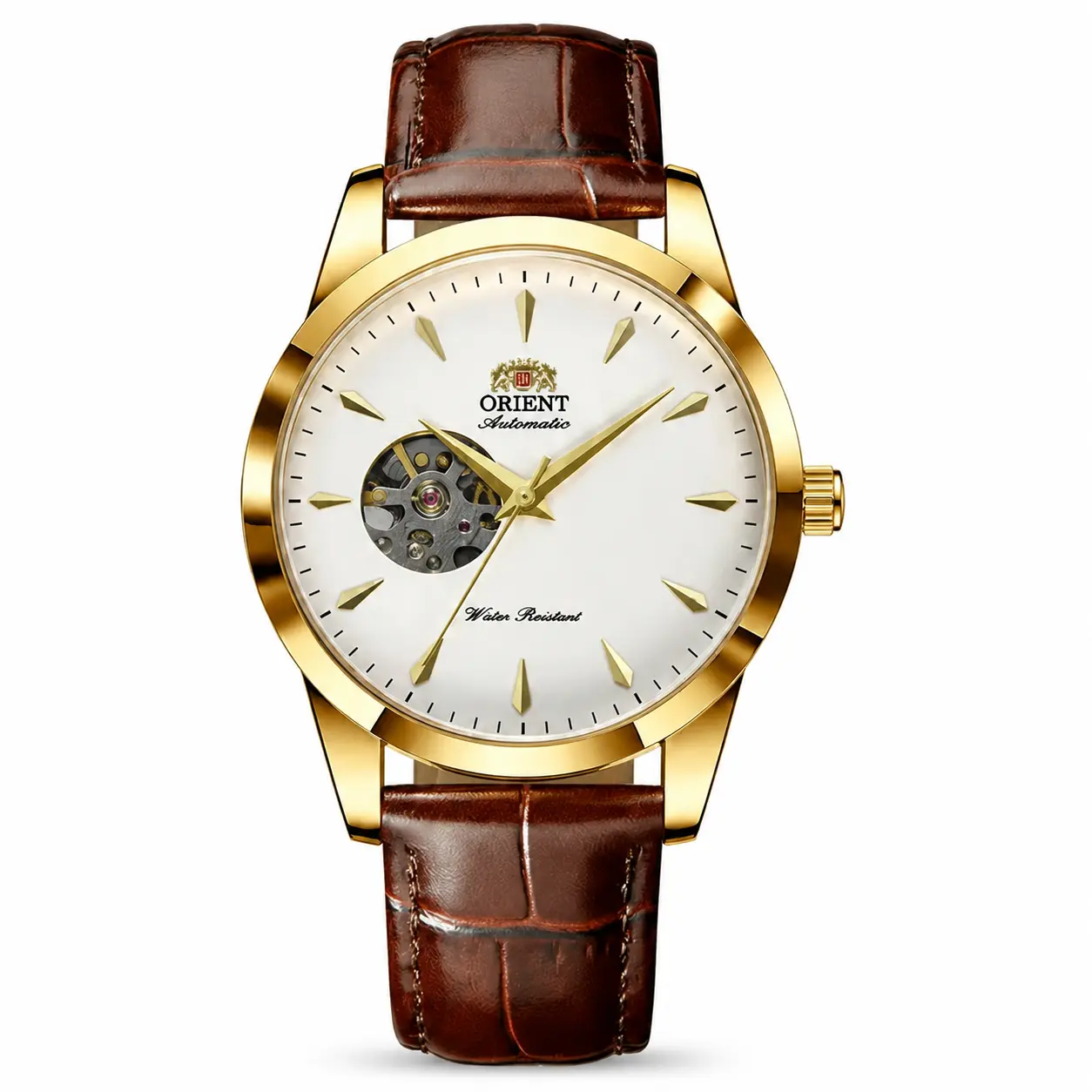 Timvibe Men's Automatic Skeleton Mechanical Watch, Open-Heart Dial, Brown-Black Crocodile Leather Strap, Gold-Silver Case - Business Gentleman Dress Wristwatch