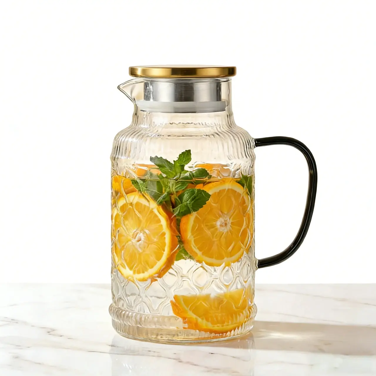 Vintage Glass Pitcher with Lid and Handle, 68 oz/2 Liter Begonia Flower Design Water Pitcher, Borosilicate Glass Water Carafe for Hot/Cold Water,Coffee,Iced Sun Tea,Heat Resistant,Water Jug