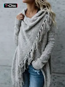 Women's Plain Fringe Trim Wrap Sweater, Casual Long Sleeve Jumper for Spring & Fall, Fashion Women's Knitwear Tops for Daily Wear Womenswear