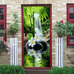 2pcs Natural Bamboo Forest Waterfall Wall Sticker Removable Self Adhesive PVC Decorative Decal for Living Room Bedroom Zen Landscape Mural Home Decoration Art Peel and Stick Wallpaper Decor