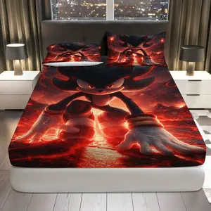 3Pcs  Red Black Hero Fitted sheet Three Piece Set (1*Fitted Sheet+2*Pillowcases, Coreless), Gaming theme, Character Bedding Set, Mattress protector Soft, Breathable