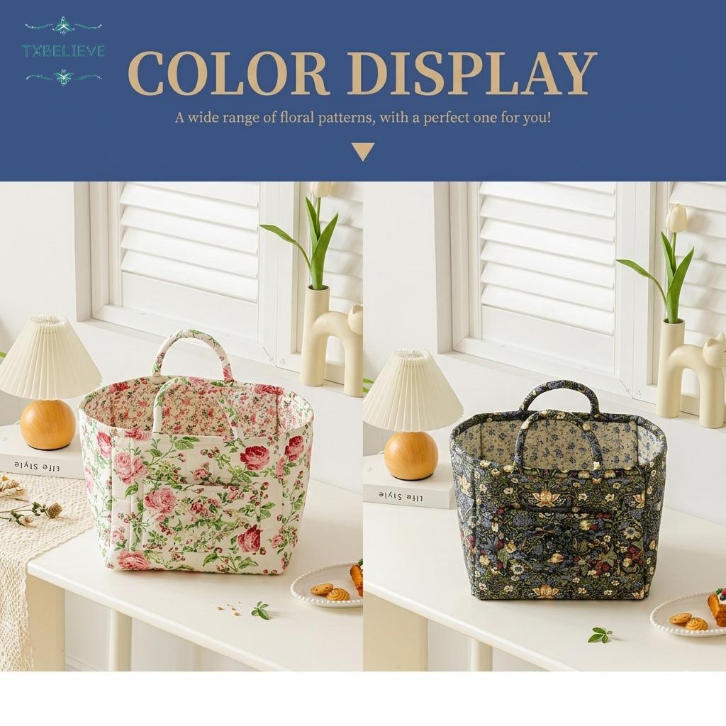 Quilted Fabric Storage Basket with Handles – Boho Foldable Floral Organizer Bin for Home, Picnic, Shopping, Travel
